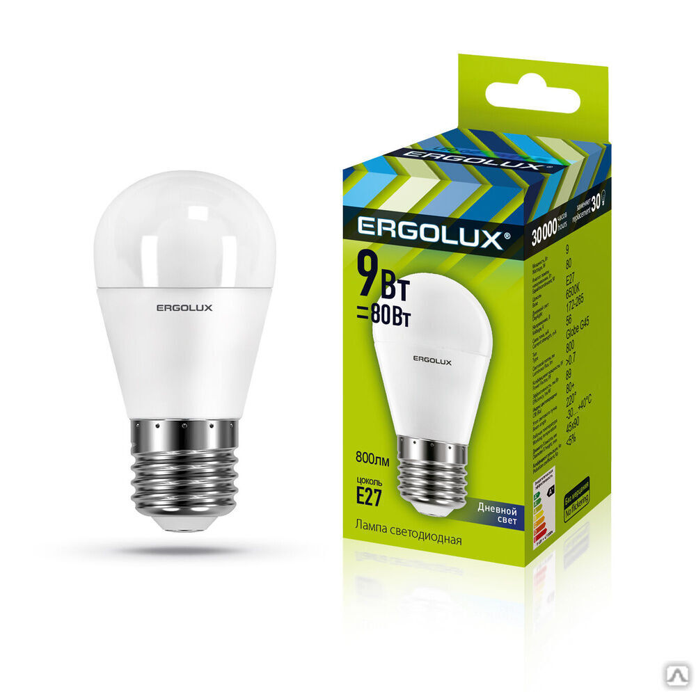 Лампа электрическая светодиодная LED-G45-9W-E27-6K Шар 9Вт E27 6500K 172-265В ERGOLUX