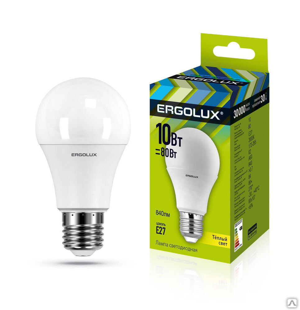 Лампа электрическая светодиодная LED-A60-10W-E27-3K ЛОН 10Вт E27 3000K 180-240В ERGOLUX