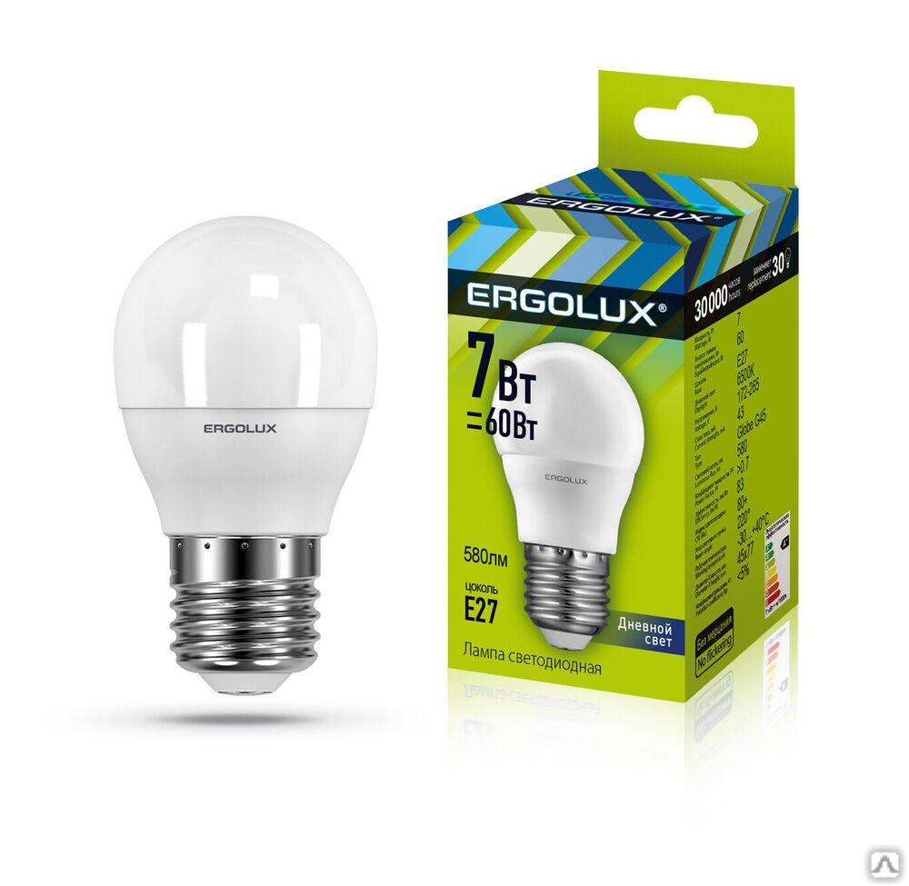 Лампа электрическая светодиодная LED-G45-7W-E27-6K Шар 7Вт E27 6500K 172-265В ERGOLUX
