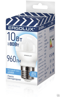 Лампа электрическая светодиодная LED-G45-10W-E27-4K Шар 10Вт E27 4500K 220-240В ПРОМО ERGOLUX 