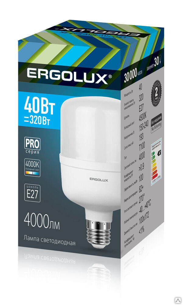 Лампа электрическая светодиодная серия PRO LED-HW-40W-E27-4K 40Вт E27 4500К 150-260В ERGOLUX