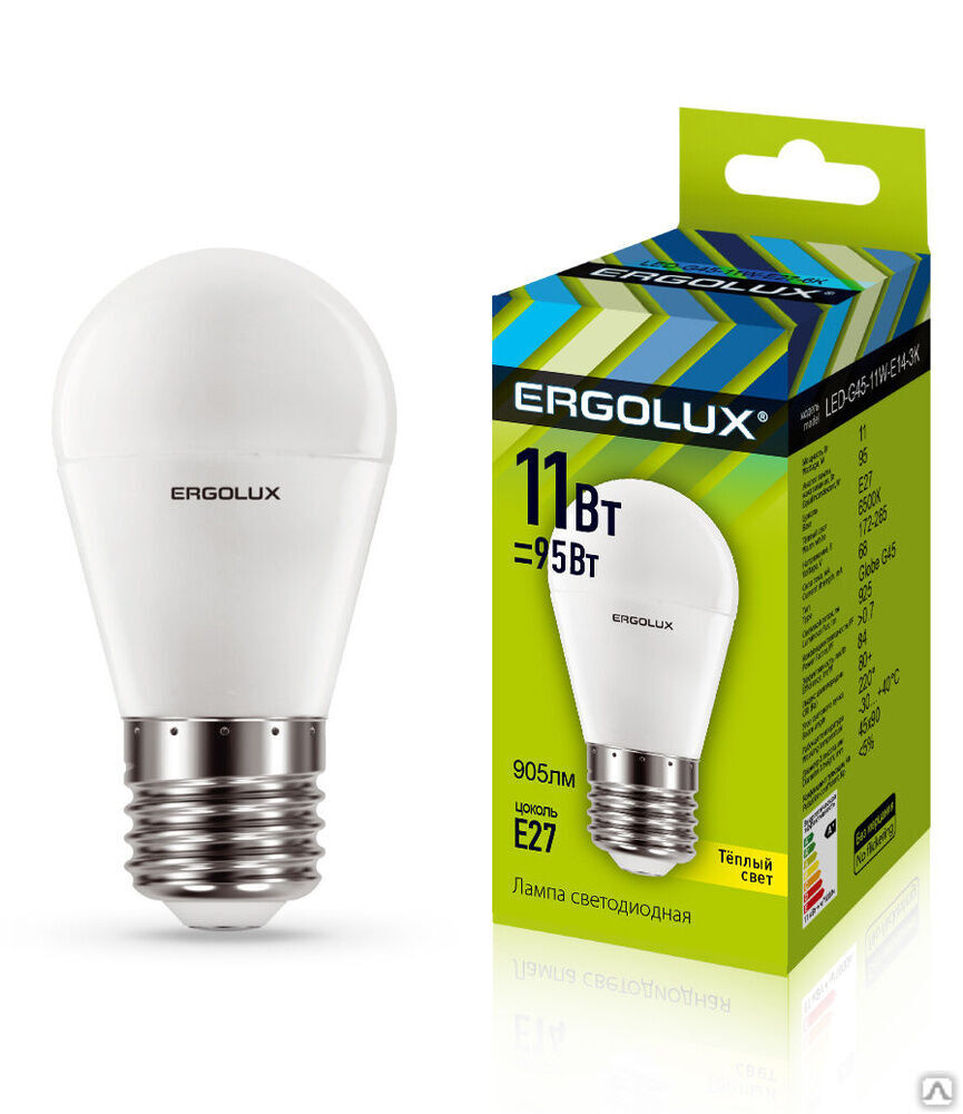 Лампа электрическая светодиодная LED-G45-11W-E27-3K Шар 11Вт E27 3000K 172-265В ERGOLUX