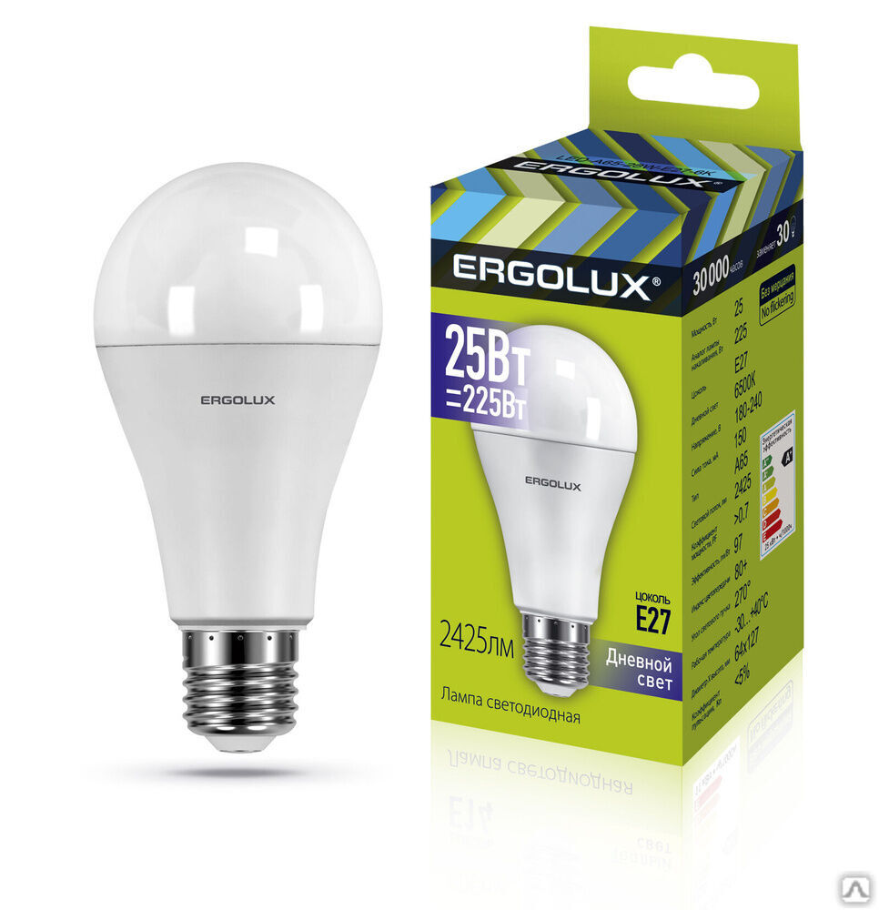 Лампа электрическая светодиодная LED-A65-25W-E27-6K ЛОН 25Вт E27 6500K 180-240В ERGOLUX