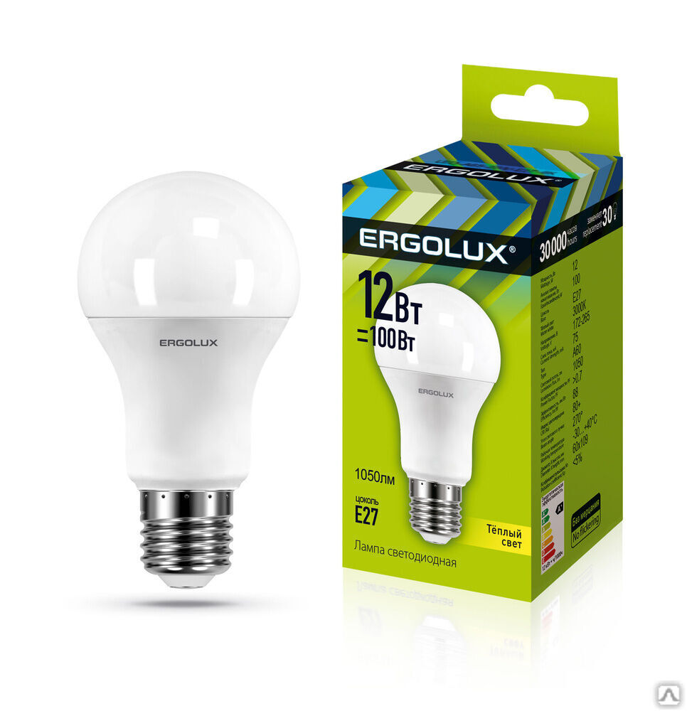 Лампа электрическая светодиодная LED-A60-12W-E27-3K ЛОН 12Вт E27 3000K 180-240В ERGOLUX