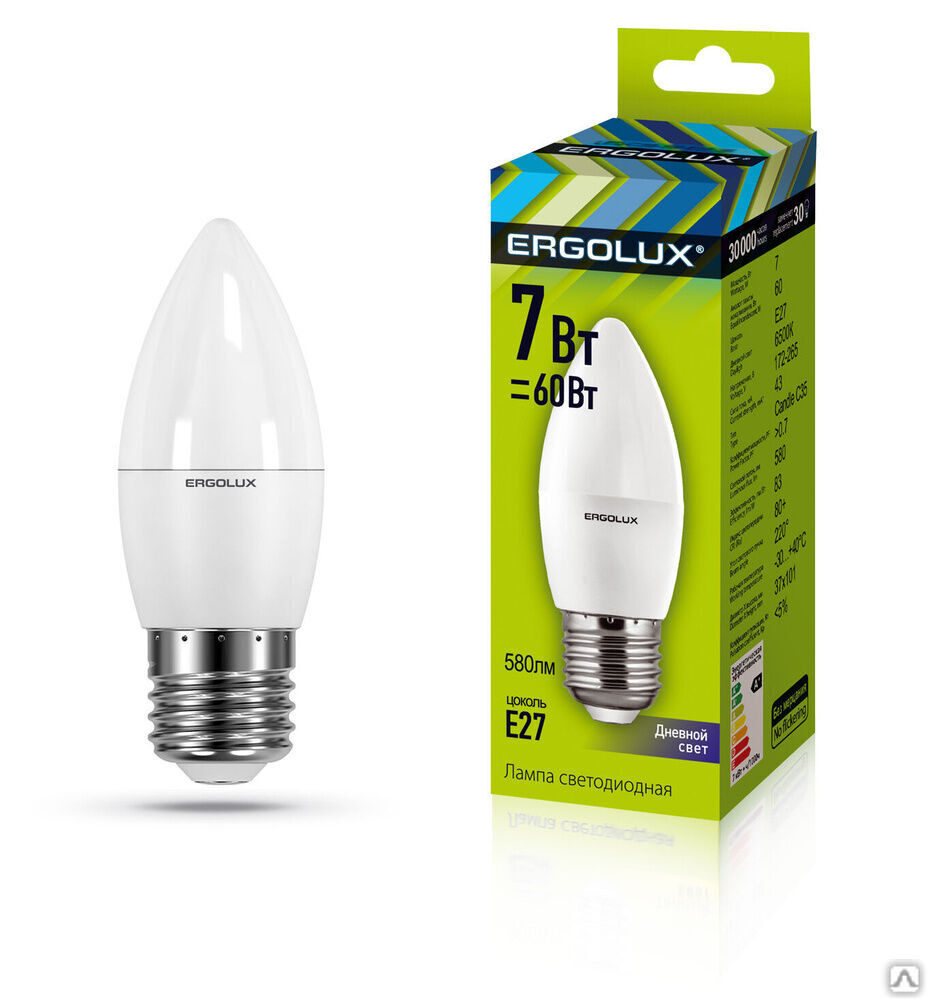 Лампа электрическая светодиодная LED-C35-7W-E27-6K Свеча 7Вт E27 6500K 172-265В ERGOLUX