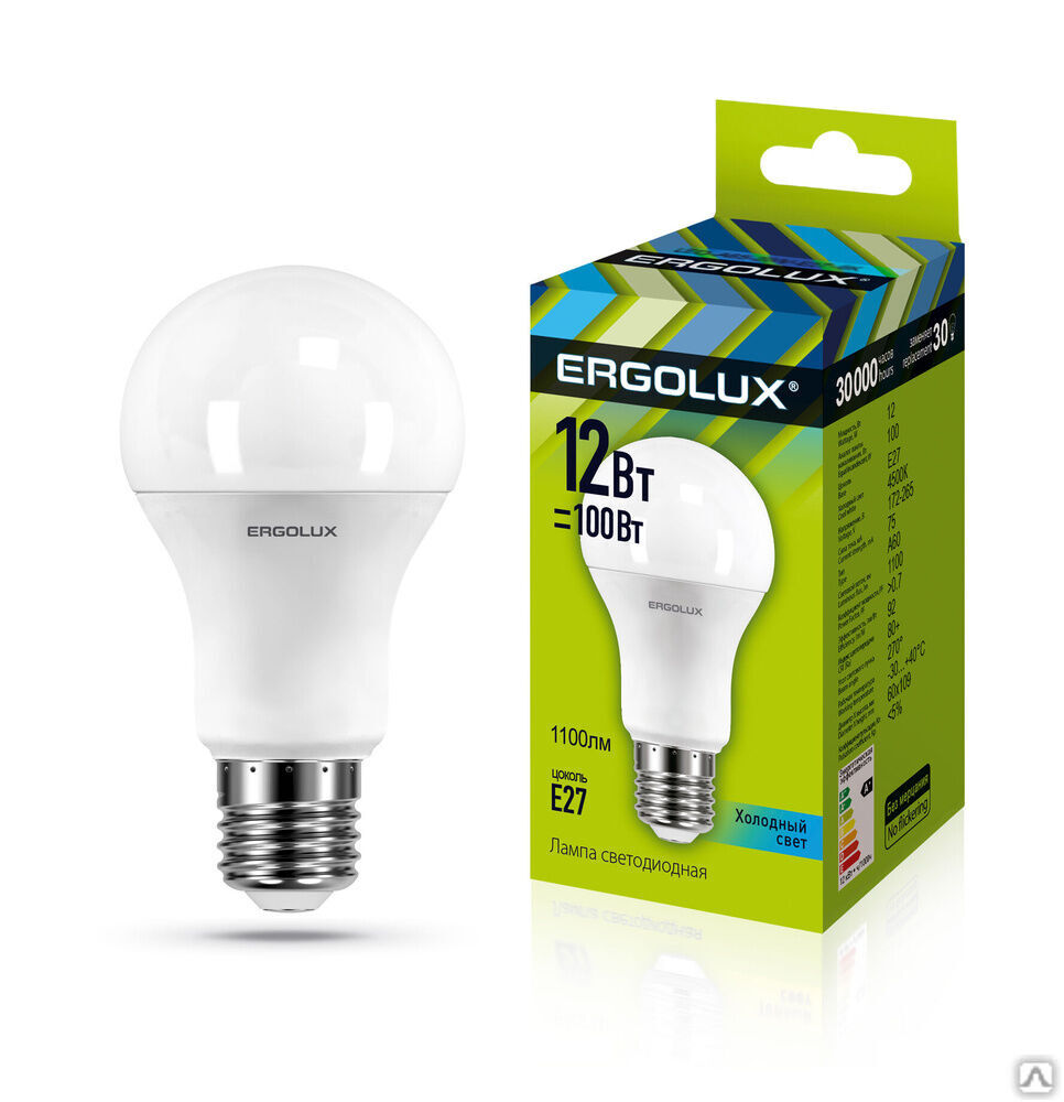 Лампа электрическая светодиодная LED-A60-12W-E27-4K ЛОН 12Вт E27 4500K 180-240В ERGOLUX