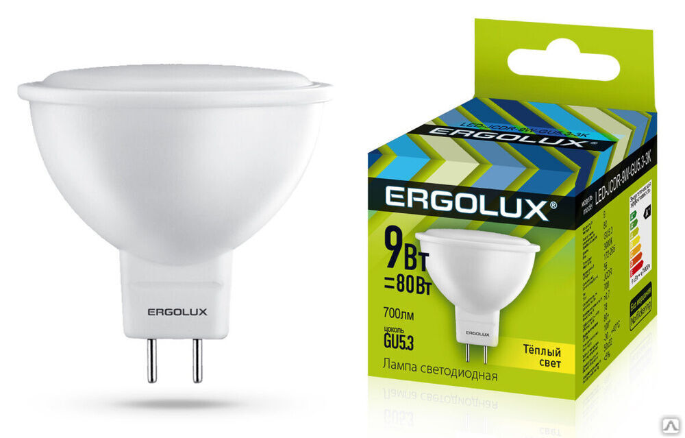 Лампа электрическая светодиодная LED-JCDR-9W-GU5.3-3K JCDR 9Вт GU5.3 3000K 180-240В ERGOLUX