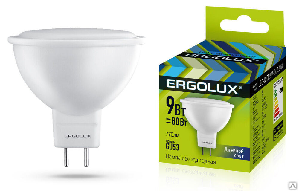 Лампа электрическая светодиодная LED-JCDR-9W-GU5.3-6K JCDR 9Вт GU5.3 6500K 180-240В ERGOLUX