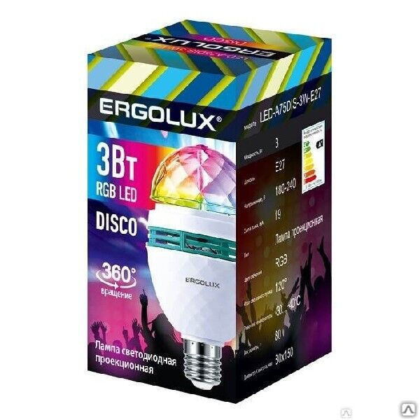 Светильник ночник LED-A75DIS-3W-E27 DISCO 3 Вт Е27 RGB 220-240В ERGOLUX Camelion