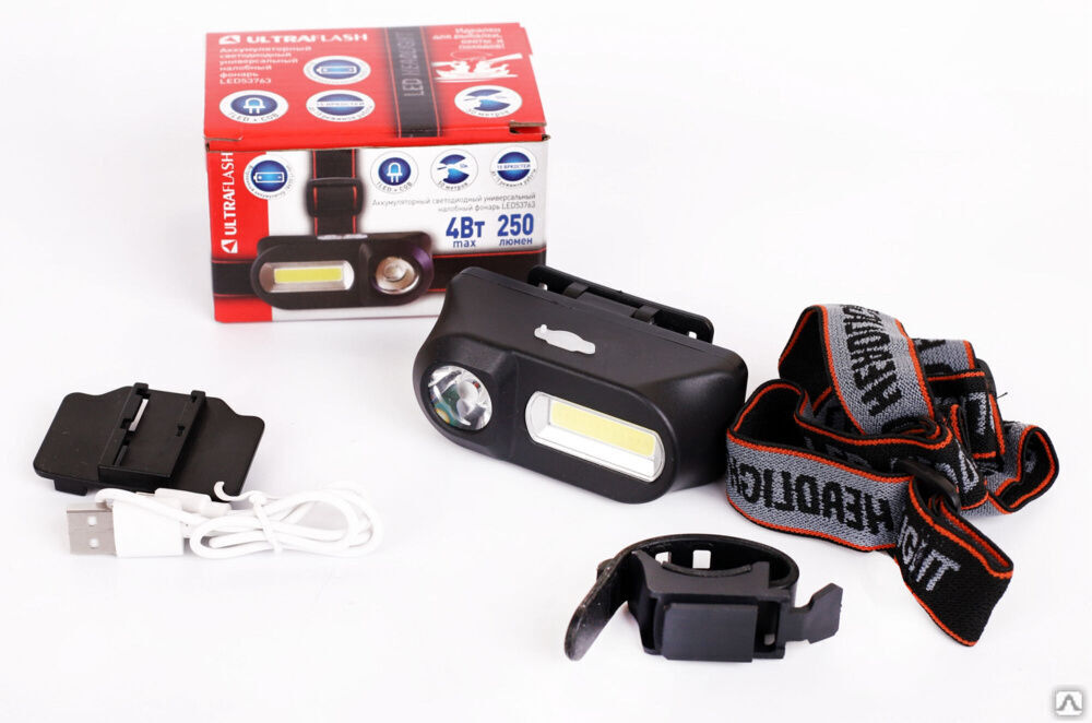 Ultraflash LED53763 (фонарь налоб.аккум 3,7В, черный, XPE + COB LED, 3+3 Ватт, 1 реж., крепл., бокс) ULTRAFLASH