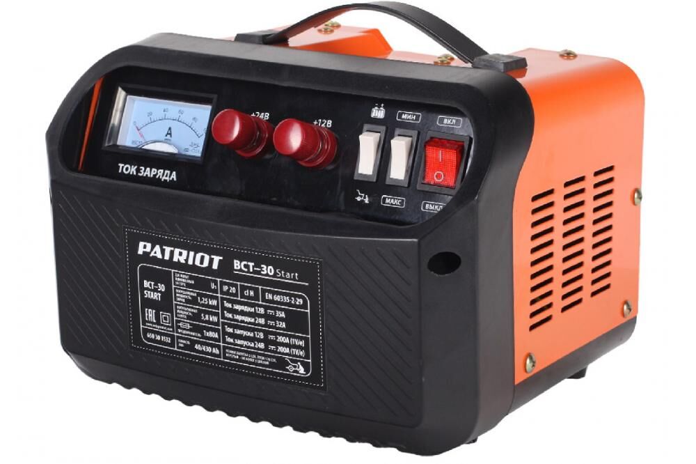Устройство пуско-зарядно PATRIOT BCT-30 Start,12/24В, 40-430Ач, пуск 5,8кВт/200А, заряд 1,25кВт/ 35А