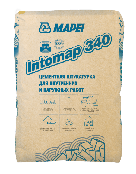 Штукатурка цементная для потолков, стен MAPEI INTOMAP 340, 25 кг.
