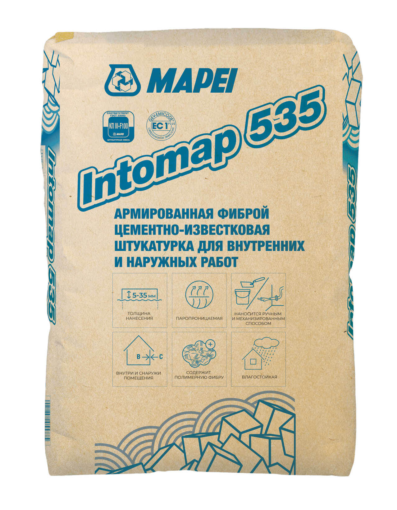 Штукатурка цементо-извесковая MAPEI Intomap 535 армированная фрброй, 25 кг