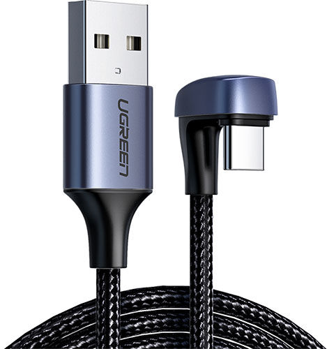Кабель Ugreen USB A 2.0 - угловой USB C, алюминиевый корпус с оплеткой, черный, 1 м (70313) USB A 2.0 - угловой USB C ал