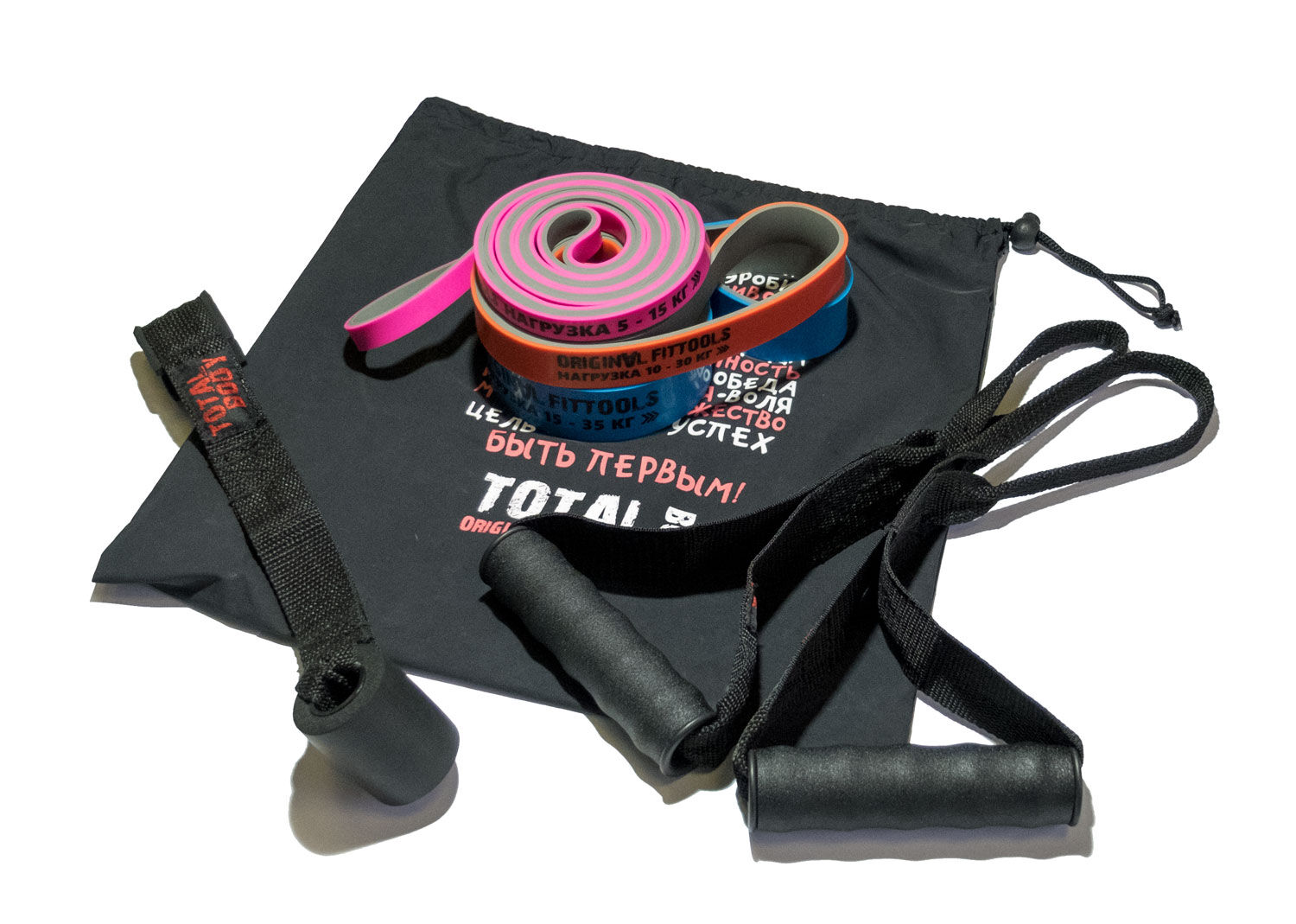 Набор из трех двуцветных эспандеров с аксессуарами в сумке Original FitTools FT-3COLOR-SET 1