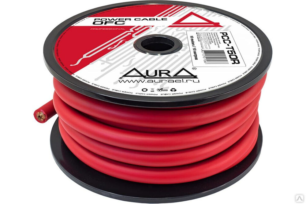 Силовой кабель AurA TOFC, 0AWG/50мм2, 10 м. катушка, красный PCC-T50R