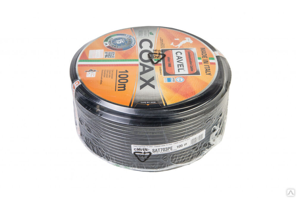 Коаксиальный кабель CAVEL SAT 703 PE 100 м, 75 Ом, 1,13 мм Cu, CuSn 45%, 6,6 мм PE, черный, C001098