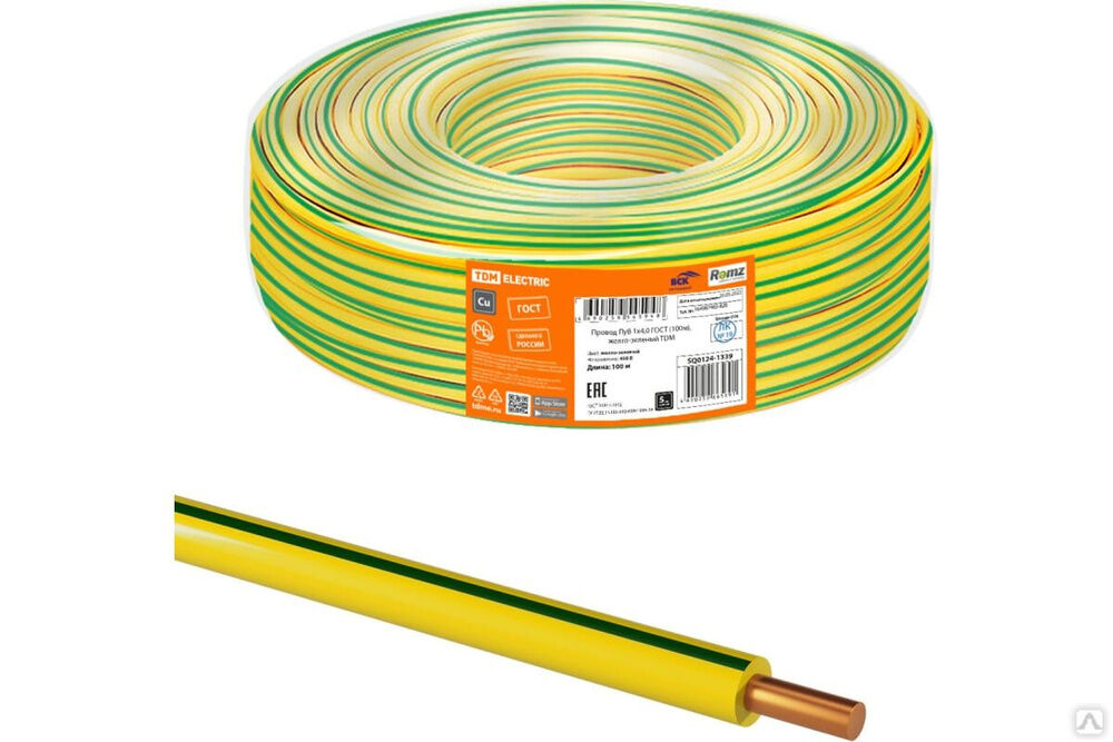 Провод ПуВ 1x4,0 ГОСТ (100 м), желто-зеленый SQ0124-1339 TDM