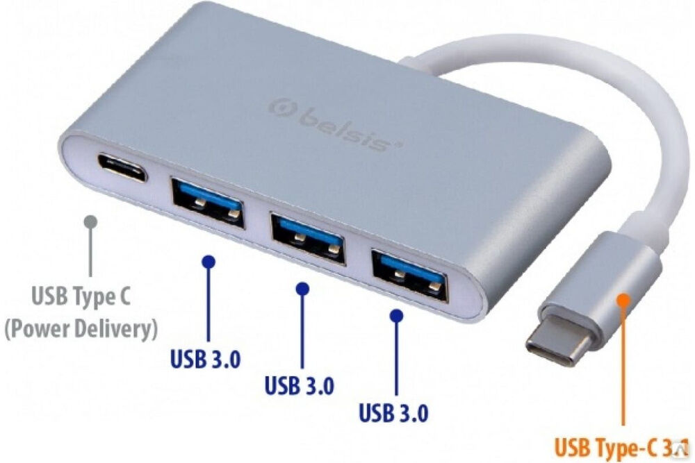 Кабель Belsis USB 3.1 Type C (m) - 3xUSB 3.0 (f) + Type C (Power Delivery), 0,15 м, серебристый BW8903