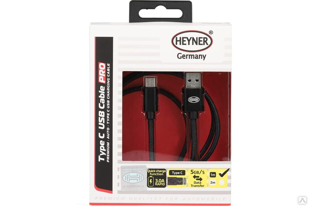 Кабель Heyner Премиум Type C USB 3.0, до 5Gb/сек, быстрая зарядка, 1 м Черный 511310