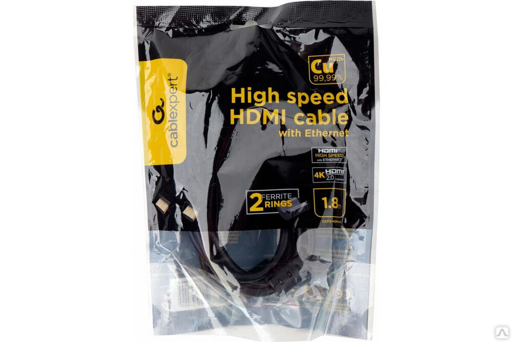 Кабель HDMI Cablexpert 1.8 м v2.0 19M/19M черный позолоченные разъемы экран 2 ферритовые кольца пакет CCF2-HDMI4-6 2