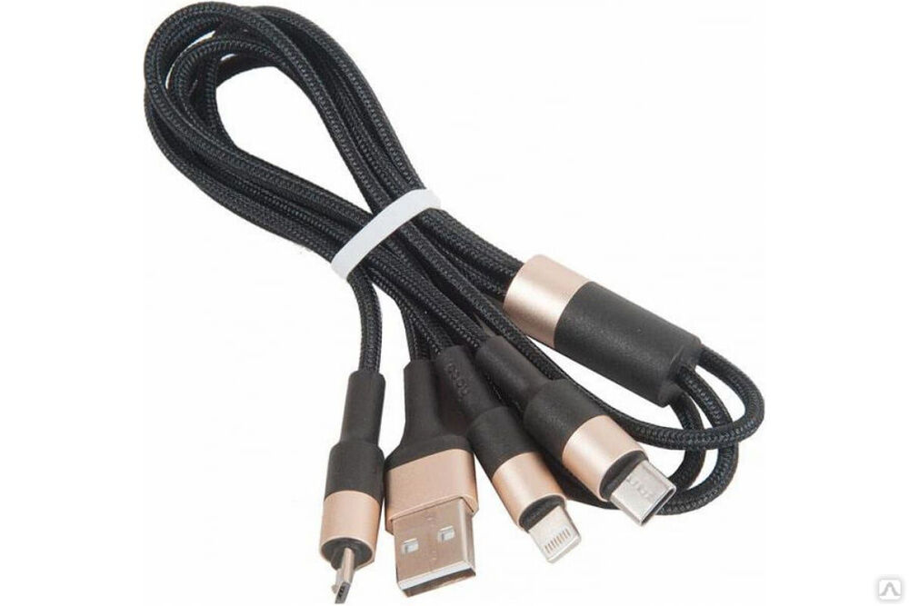 Кабель USB Hoco3 в 1 для Lightning, Micro USB, Type-C, 2.0A, длина 1.0 м, черный с золотым 648368