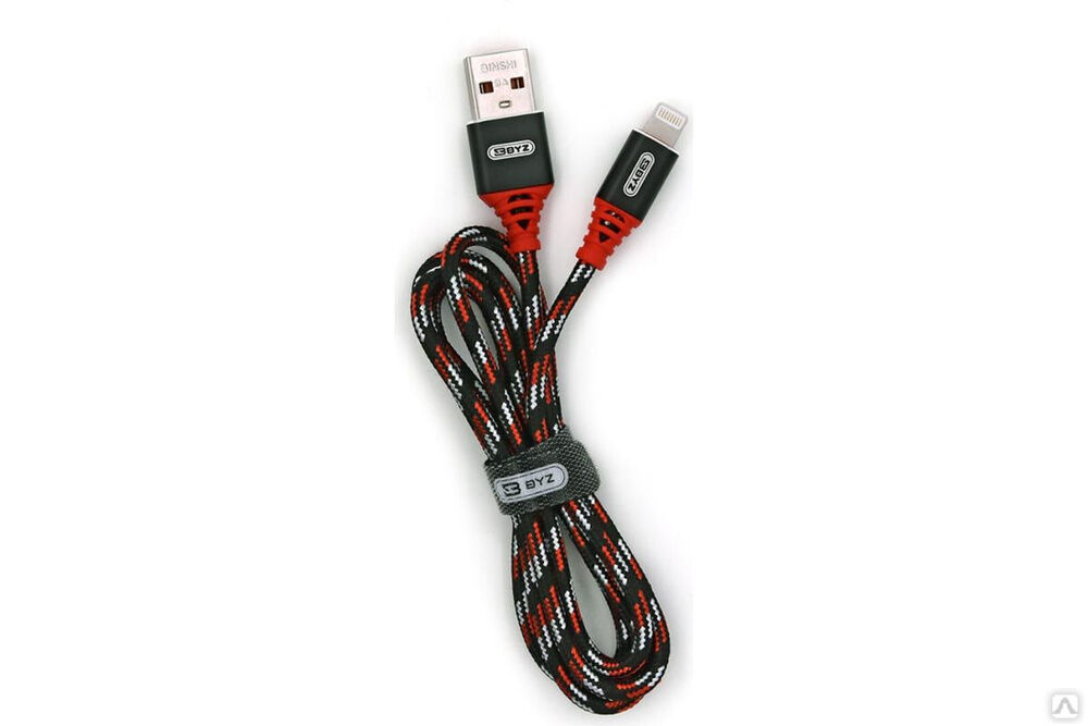 USB-кабель AM-8pin BYZ 1 метр, 2.4A, тканевый, черно-красный, 23750-BL-690iBKR