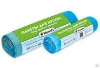 Пакет мусорный ПНД 60 х 80 см повышенной прочности с завязками 30 шт / 60 л голубой Komfi