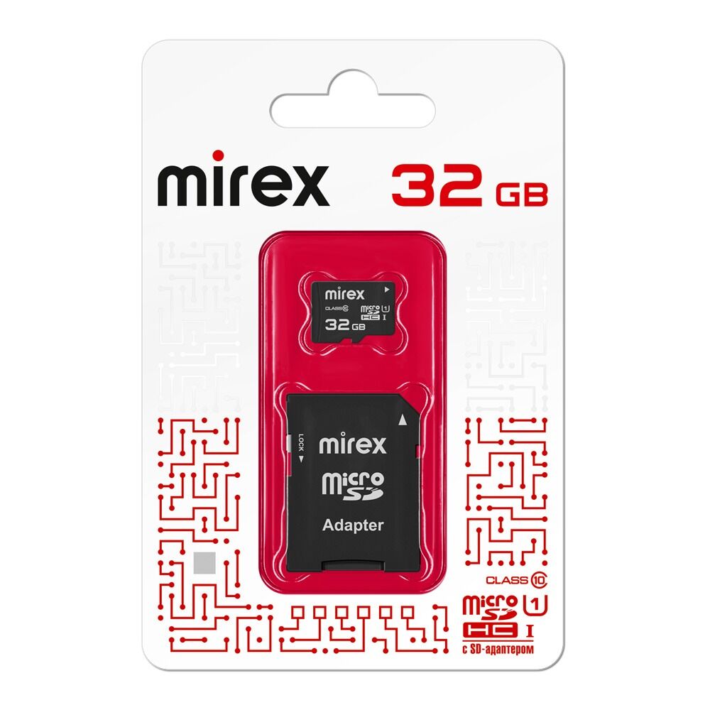 Карта памяти MicroSDHC 32GB Mirex (UHS-I, U1, class10) c адаптером SD 3