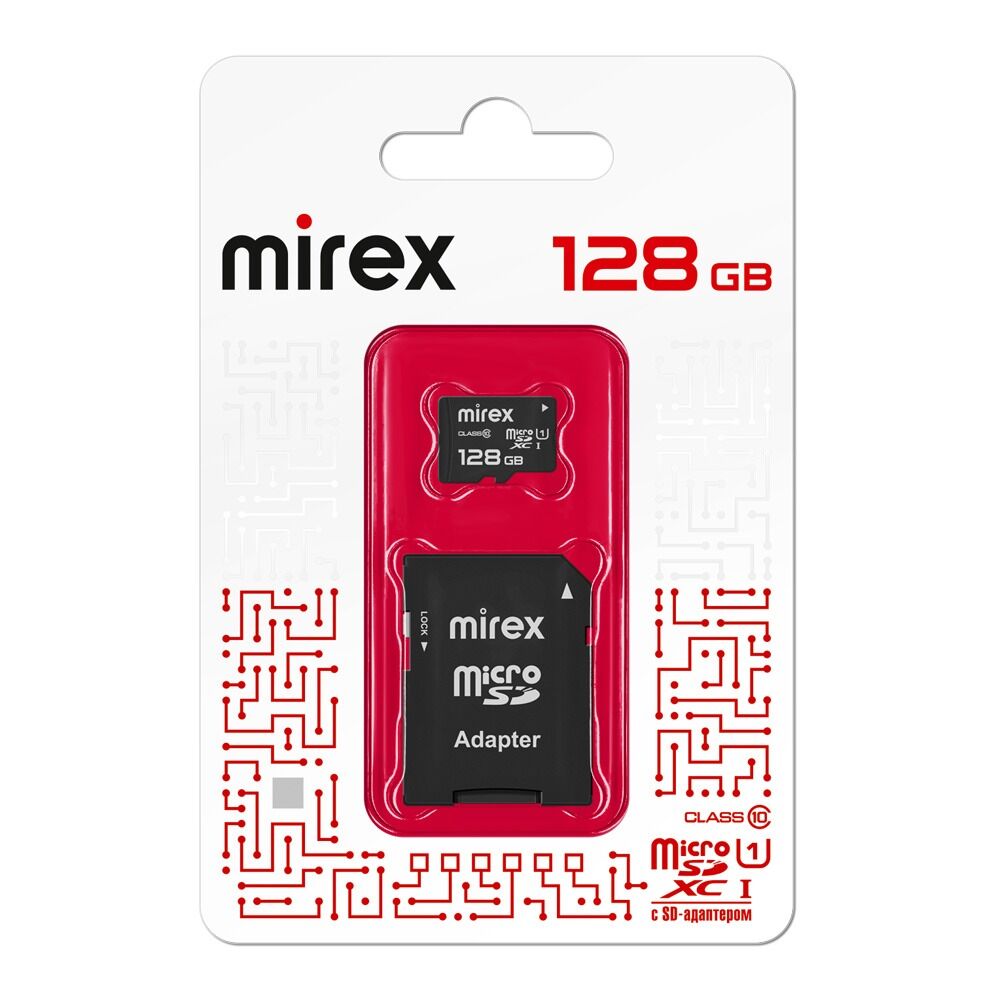 Карта памяти MicroSDXC 128GB Mirex (UHS-I, U1, class10) c адаптером SD 3