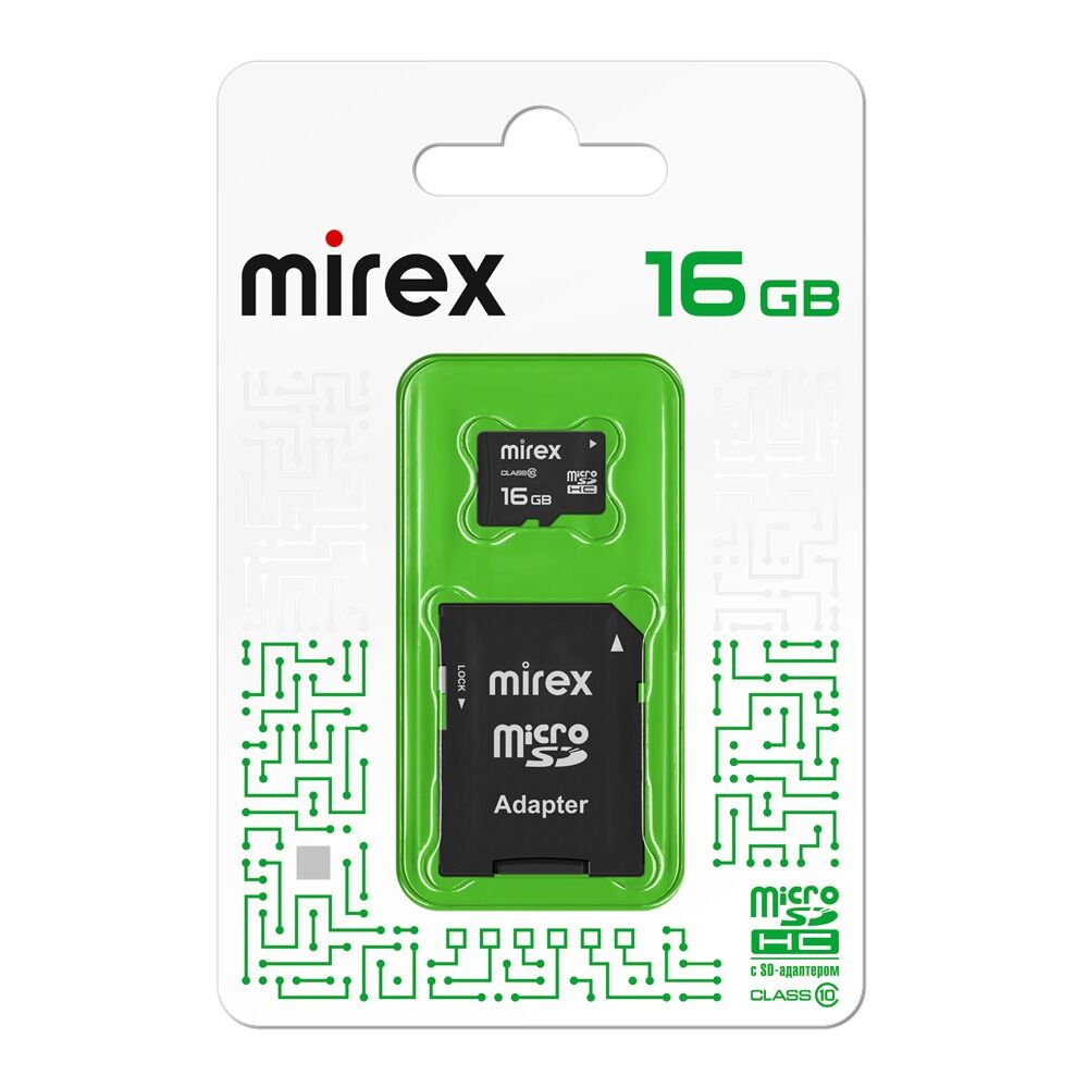 Карта памяти MicroSDHC 16GB Mirex, Class10, с адаптером SD 3