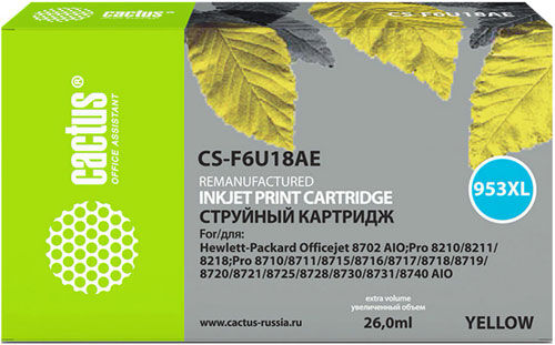 Картридж струйный Cactus CS-F6U18AE, для HP OfficeJet Pro (7740/8210/8218/8710/8715) желтый CS-F6U18AE для HP OfficeJet