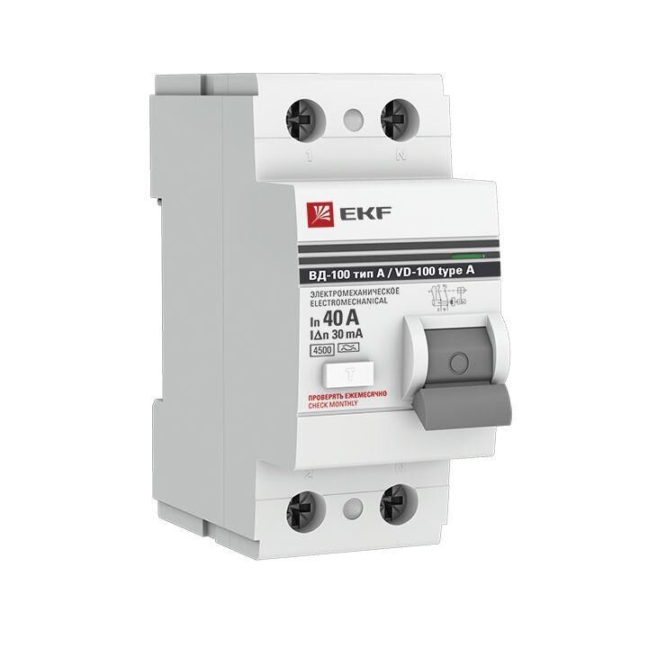 Выключатель дифференциального тока (УЗО) 2п 40 А 30мА тип A ВД-100 (электромех.) PROxima EKF elcb-2-40-30-em-a-pro