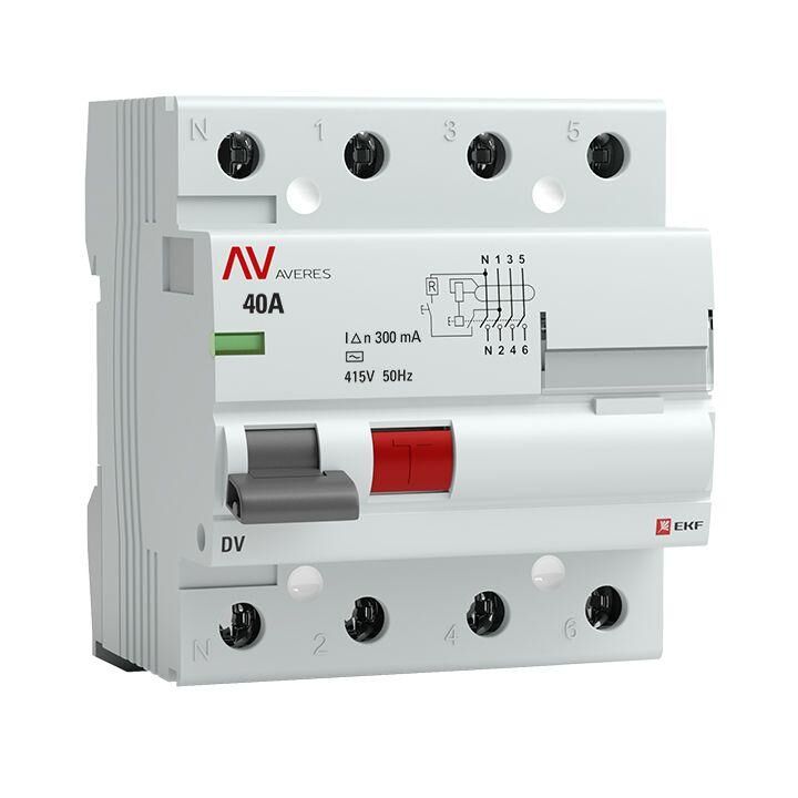 Выключатель дифференциального тока (УЗО) 4п 40 А 300мА тип AC DV AVERES EKF rccb-4-40-300-ac-av