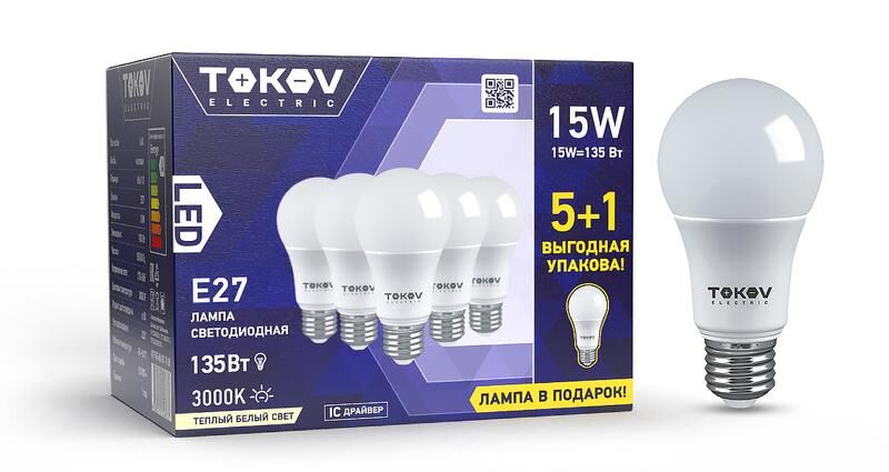 Лампа светодиодная 15Вт А60 3000К Е27 176-264В Promo 5+1 TOKOV ELECTRIC Promo-A60-E27-15-3K