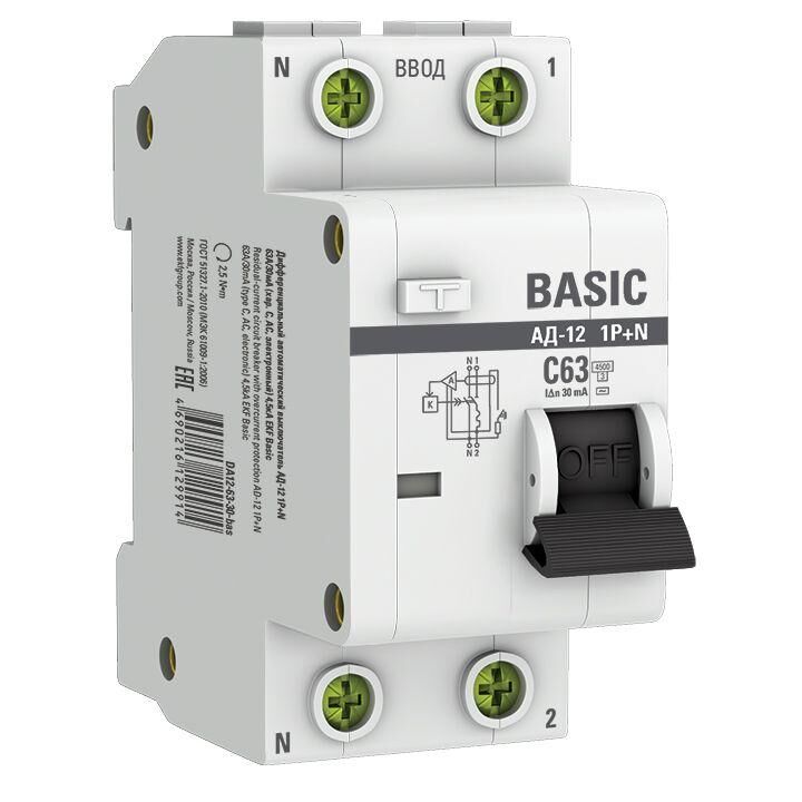 Выключатель автоматический дифференциального тока 2п (1P+N) C 63 А 30мА тип AC 4.5кА АД-12 Basic EKF DA12-63-30-bas