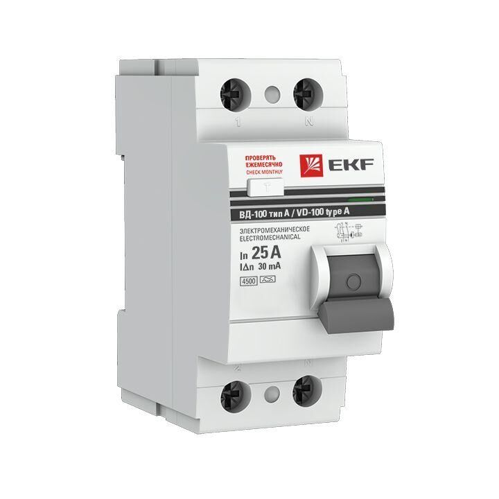 Выключатель дифференциального тока (УЗО) 2п 25 А 30мА тип A ВД-100 (электромех.) PROxima EKF elcb-2-25-30-em-a-pro