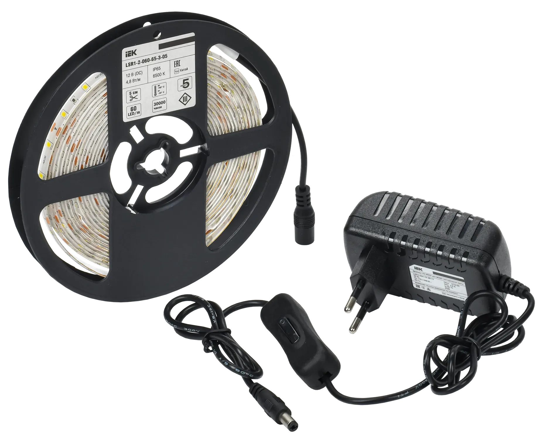 Комплект светодиодной подсветки "Сделай сам" (лента LED 5м LSR-2835W60-4,8-IP65-12В + драйвер + выключатель) IEK