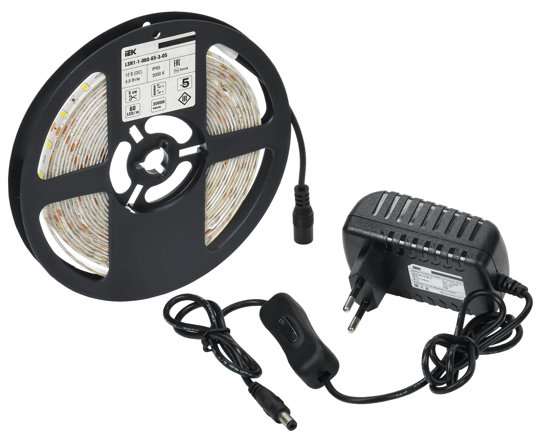 Комплект светодиодной подсветки "Сделай сам" (лента LED 5м LSR-2835WW60-4,8-IP65-12В + драйвер + выключатель) IEK